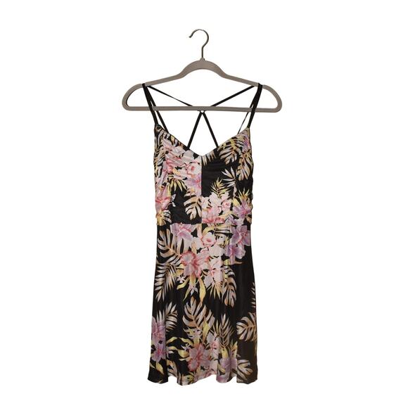 VOLCOM NEW $52 Black Floral Strappy Mesh Mini Dress Slushy‎ Hour Small - Picture 3 of 6
